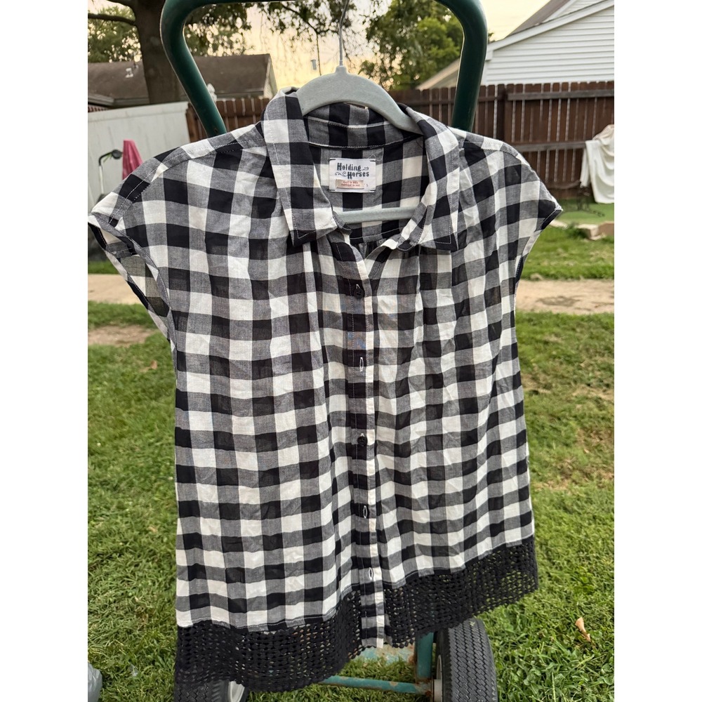 Holding Horses Anthropologie Buffalo Check Crochet Hem Button Down Top Black S